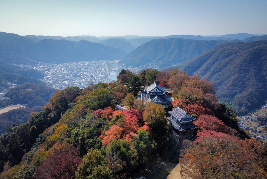 Bitchu Matsuyama Castle in autumn, drone