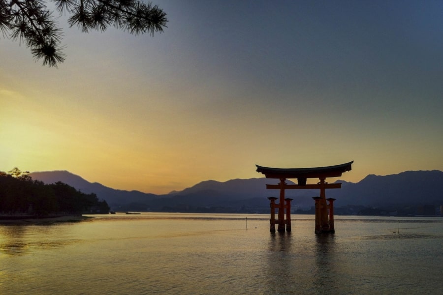 Miyajima Itsukushima Shrine torii gate at dusk