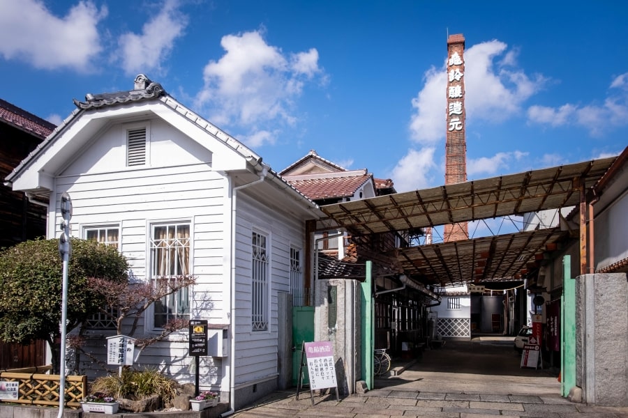 Hiroshima Saijo brewery entrance with chimney